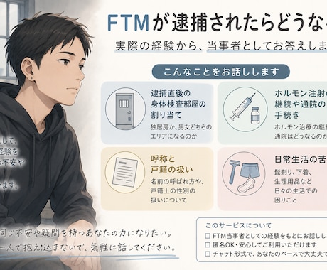 FTMが逮捕された場合の扱いなどを綴ります 警察や司法の場でFTMの対応など経験から執筆します イメージ1