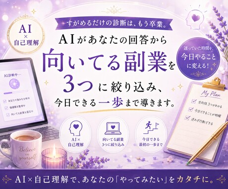 AI自己理解診断で向いてる副業と一歩を導 きます AI初心者OK。コピペと質問に答えるだけ で進みます。 イメージ1