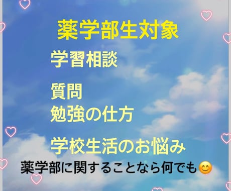 薬学部生対象　勉強教えます ⭐︎全科目の質問対応⭐︎勉強方法から学校生活でのお悩みまで イメージ1