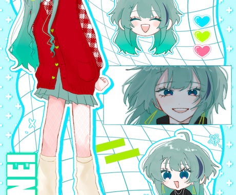 詰め合わせのイラスト描きます 可愛い女の子の全身、お顔のアップを1枚の絵にまとめます イメージ1