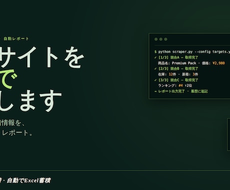 競合サイト情報を定期収集し提供します 価格・在庫・新着情報を自動で取得しレポート化 イメージ1