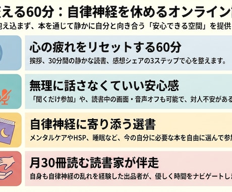 自律神経に悩む方へ｜心を整える読書時間を提供します 心を休める60分オンライン読書会 イメージ2