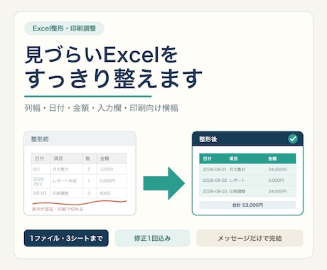 Excelの表を見やすく整え印刷崩れを直します 1ファイル3シートまで、見た目と印刷を整えます イメージ1
