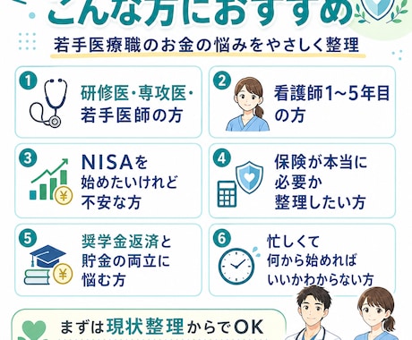 若手医療職向けに家計・保険・NISAを整理します 医療職向け❘家計・保険・NISA・奨学金の不安をやさしく整理 イメージ2