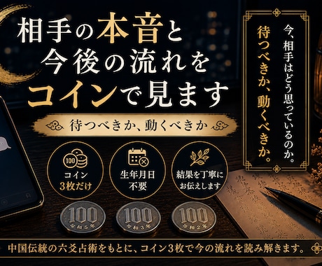 相手の本音と今後の流れを六爻で見ます 中国伝統の占術をもとに、コイン3枚で今の流れを読み解きます イメージ1