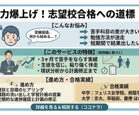 最短最速で苦手を克服するために丁寧にサポートします 状況整理・言語化・合理的で余裕ある勉強計画で第一志望校へ イメージ1