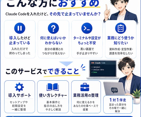 Claude Code活用・業務自動化を伴走します 導入・実務活用・詰まり解消まで、初心者にも1対1でサポート イメージ2