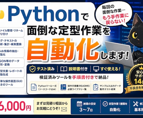 Pythonで面倒な定型作業を自動化します 面倒な作業を自動化。テスト済み・説明書付きで納品します イメージ1