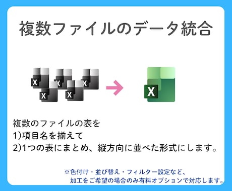 Excel複数データを1つに統合します 複数ファイル、複数シートを一つにまとめで使えるデータにします イメージ2