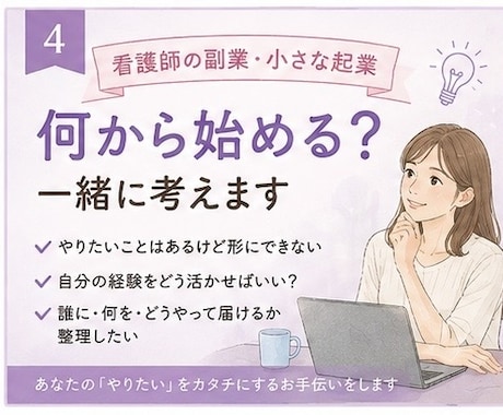 看護師の副業・起業、最初の一歩を一緒に考えます やってみたい。でも何から始める？を一緒に整理します。 イメージ1