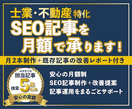 士業・不動産のSEO記事制作を月額で承ります 月2本制作＋既存記事の改善提案付き。記事運用を丸ごと支援 イメージ1