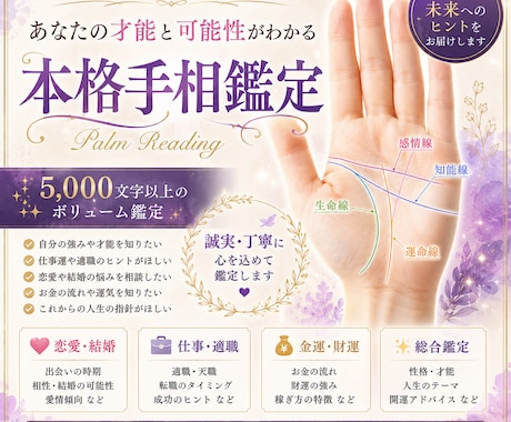 写真1枚から本格手相鑑定します 5000文字以上の本格手相鑑定 イメージ1