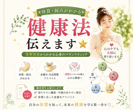 病気前に予防⭐︎体質・身体の弱点・健康法伝えます 心身のバランスが生年月日からわかる⭐︎身体整えて健康生活を イメージ1