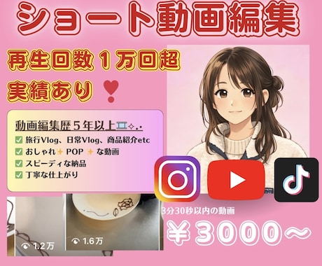 再生回数1万回超実績あり！ショート動画編集します ココナラ実績作り中のため5名限定で安くお受けしています♪ イメージ1