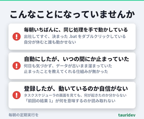 毎朝の定期実行を止まれば分かる形で組みます 動かなかった日が記録に残ります。総額表示・相談だけでもどうぞ イメージ2