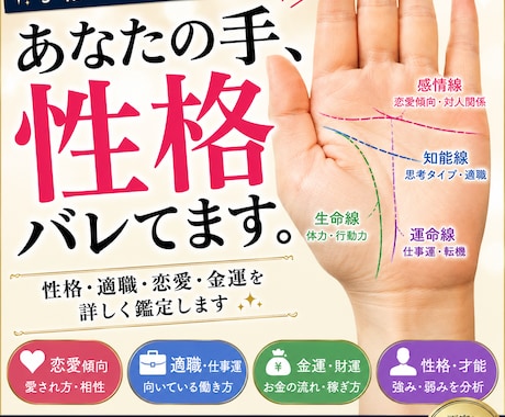 あなたの手、性格バレてます 手の特徴から性格・適職・恋愛傾向を分析します。 イメージ1
