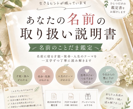 あなたの名前の取り扱い説明書をお作りします 名前に宿る才能・使命・人生のテーマを丁寧に読み解きます イメージ1