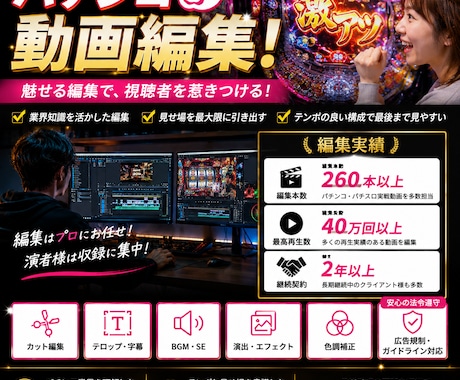 パチンコ・パチスロ動画編集します 業界知識を活かし見せ場を最大限引き出します イメージ1