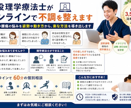 現役理学療法士がオンラインで不調を整えます 肩こりや腰痛の悩みを姿勢や動き方から、楽な方法を導き出します イメージ1