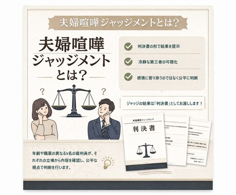 夫婦喧嘩を5名以上の視点でジャッジします 夫婦喧嘩を第三者視点で冷静にジャッジ｜夫婦喧嘩ジャッジメント イメージ2
