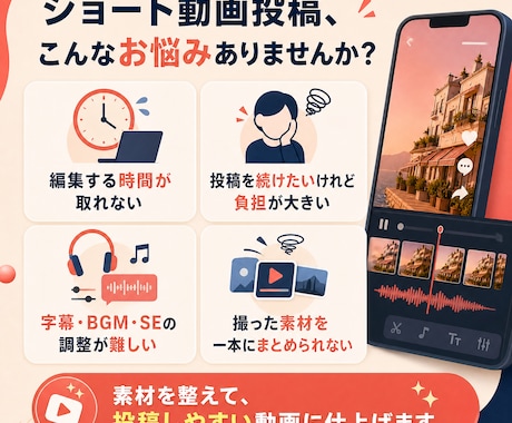 継続投稿を支えるショート動画を丁寧に編集します 撮った素材を、投稿しやすい一本に整えます。 イメージ2