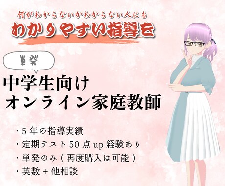 単発での中学生向けオンライン家庭教師をします ～何がわからないかわからない人にもわかりやすい指導を～ イメージ1