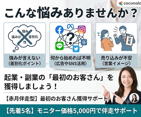 起業・副業の最初の1件を一緒に取りにいきます 残り1枠 モニター価格2,000円→終了後8,000円 イメージ2