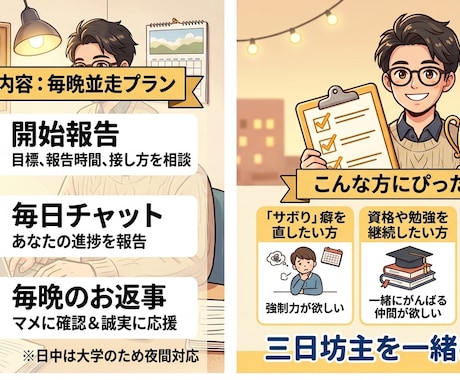 毎日チャットであなたの達成目標を管理します 現役大学生が毎晩誠実に並走！三日坊主を一緒に卒業します！ イメージ2