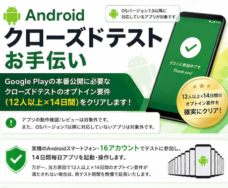 Androidクローズドテスト突破をお手伝いします クローズドテスト12人×14日を実機16アカウントでクリア イメージ1