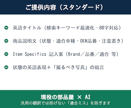 現役部品屋がカーパーツのeBay出品文を作ります 現役の部品屋が、適合・品番まで正確な“売れる”出品文を作成 イメージ2