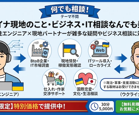 ウクライナ現地のことビジネスIT相談なんでも乗ます 在住エンジニア×現地パートナーが雑多な疑問や相談に対応 イメージ1