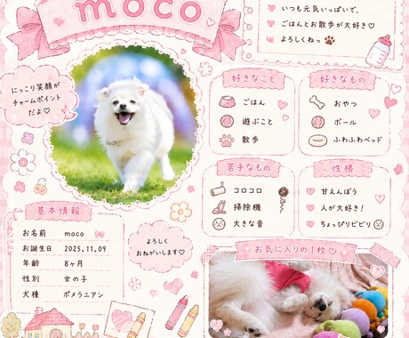 うちの子プロフィール帳 はじめます 大切なうちの子の魅力を、かわいく1枚にぎゅっと詰め込みます イメージ2
