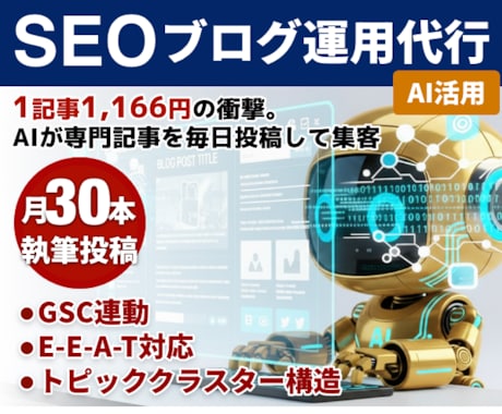 SEO対策！AIが毎日ブログを更新し投稿代行します 1本1,166円の衝撃。AIが専門記事を毎日投稿して集客 イメージ1