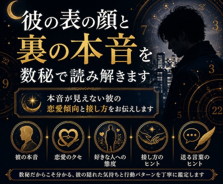 彼の表の顔と裏の本音を数秘で読み解きます 本音が見えない彼の恋愛傾向と接し方をお伝えします イメージ1