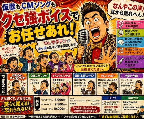 一度聴いたらクセになる歌を提供します コミカルソングや陽気な歌の歌唱を承ります(※作曲は別料金) イメージ1