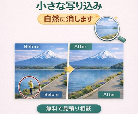 画像の不要な人・物を自然に編集・加工・削除をします なるべく自然に背景と違和感がないように消します。 イメージ1