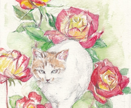 水彩色鉛筆で愛犬愛猫愛鳥の可愛いイラスト描きます 色とりどりのお花に囲まれ庭園にいるような優しい雰囲気の画風。 イメージ1