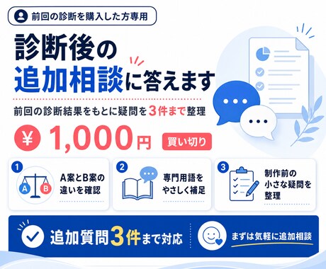 診断後の追加相談に答えます 前回の診断結果をもとに疑問を3件まで整理 イメージ1