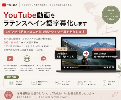 YouTube動画をラテンスペイン語字幕化します LATAM視聴者向けに自然で読みやすい字幕を制作します イメージ1