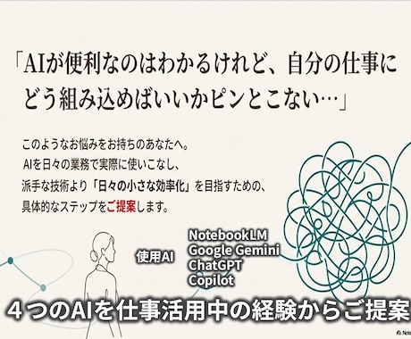 初心者向け  AIの仕事への取り入れ方を教えます 提案や企画をAIを使って普段から作成中。コツや技を伝授！ イメージ1