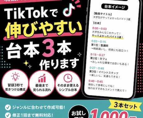 TikTokで伸びやすい台本3本作ります 現役の視点、SNSネイティブによる強みを出せます イメージ1