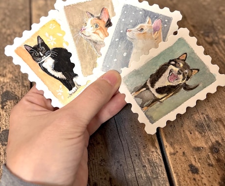 切手型⭐︎大切なペットを、小さな水彩画にします 手のひらに収まる宝物。ペットの「切手型」水彩肖像画描きます イメージ2