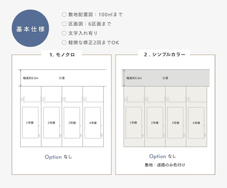 選べるデザイン！敷地配置図・区画図を作成します マイソク・広告用にぜひご活用ください イメージ2