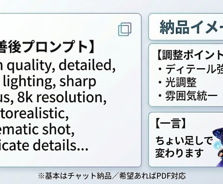 ちょい足しでクオリティUP プロンプト添削します 「なんとなく良い」から「ちゃんと良い」へ整えます イメージ2