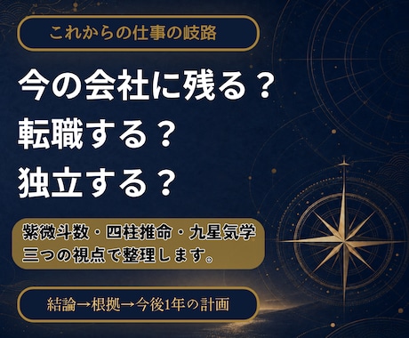 今後の仕事の岐路を3つの東洋命術で鑑定します 仕事の岐路を結論と行動計画にします イメージ1