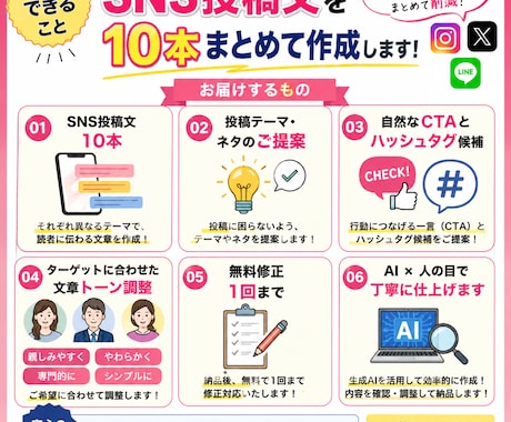 SNS投稿文を10本まとめて作成します 投稿ネタと文章作りの時間をまとめて削減 イメージ2