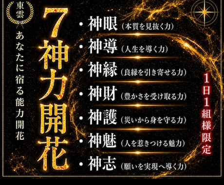 最短3日納品!あなたに宿る7神力を開花します 潜在能力・覚醒・第六感・波動・エネルギー・サードアイなど イメージ1