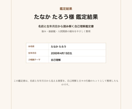 名前と生年月日から「自分の取扱説明書」を作ります 強み・価値観・人間関係の傾向を3500字以上の鑑定書でお届け イメージ2