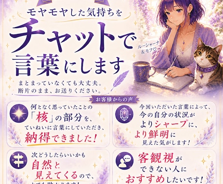 モヤモヤした気持ちをチャットで言葉にします まとまっていなくても大丈夫。断片のまま、お送りください。 イメージ2