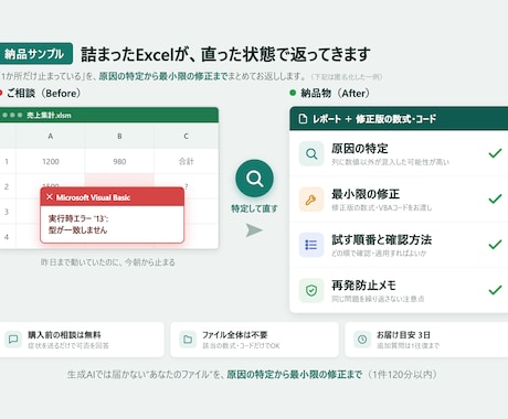 AIで直らないExcelVBAエラー直します 原因の特定から最小限の修正まで一件ずつ対応します イメージ2
